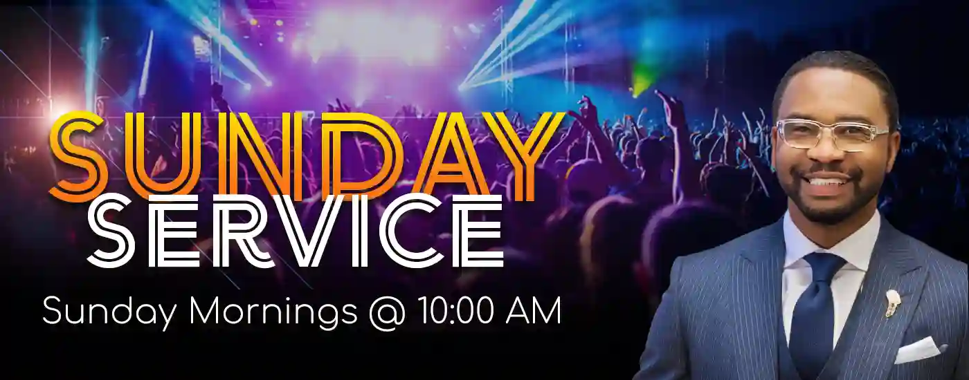 festive background with a photo of Pastor Gentry annuncing Sunday Service at 10:00am