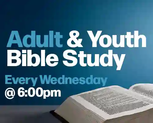 a blue banner with a bible to advertise the Wednesday Bible Study at 6:30pm
