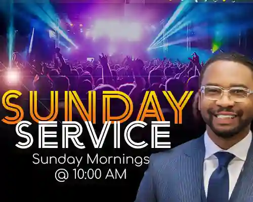 festive background with a photo of Pastor Gentry annuncing Sunday Service at 10:00am