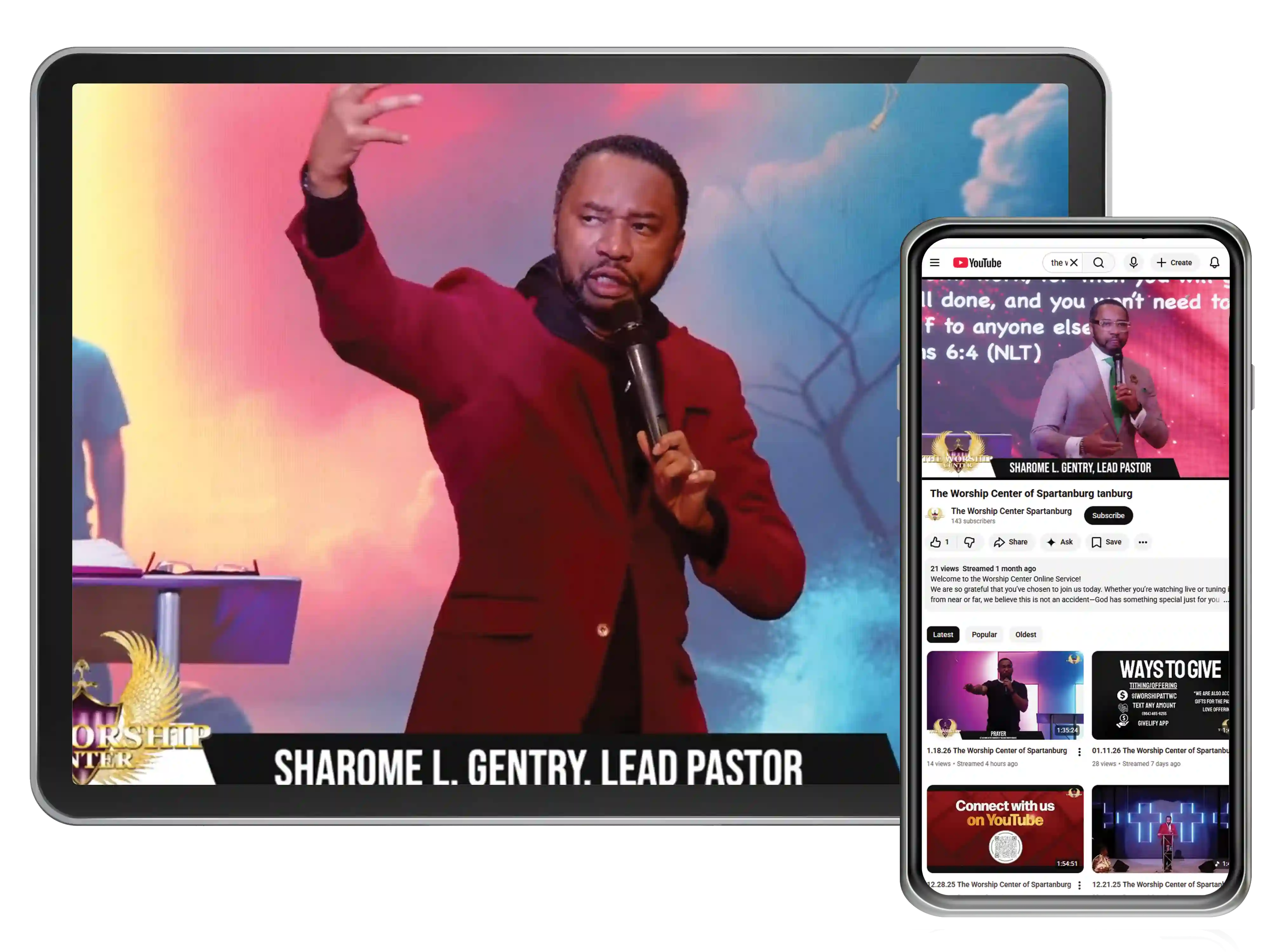 Apostle Gentry preaching on a tablet with social media screenshot on a phone
